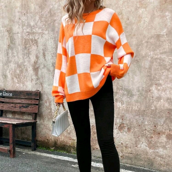 Women's Orange Checkered Warm Sweater For Christmas, Winter,Three Quarter - Picture 5 of 6